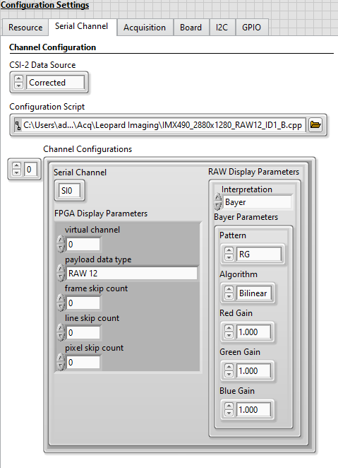 Configuration Settings Serial Channel Tab