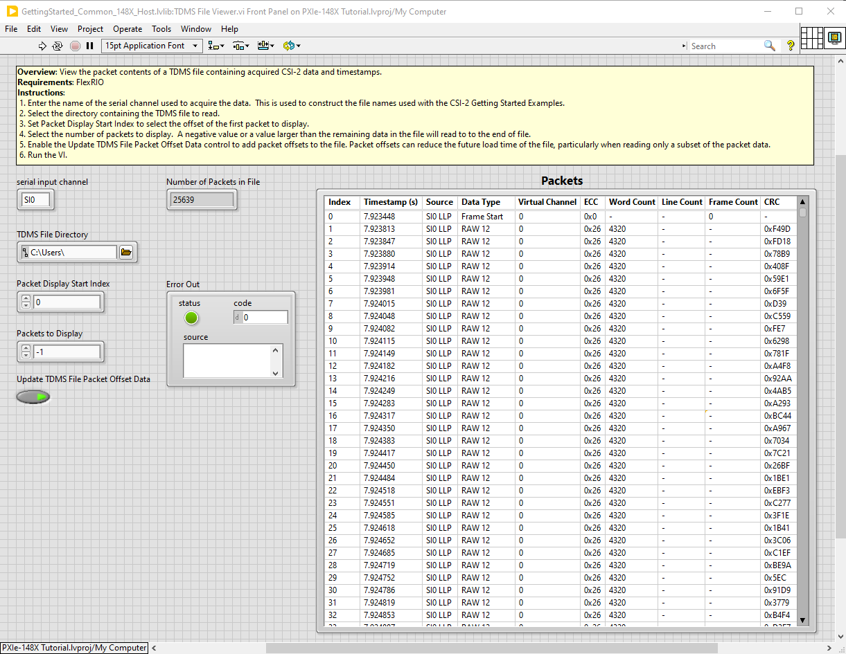 TDMS File Viewer VI Front Panel With Data