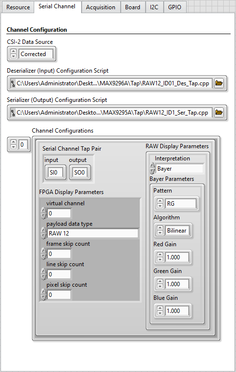 Configuration Settings Serial Channel Tab